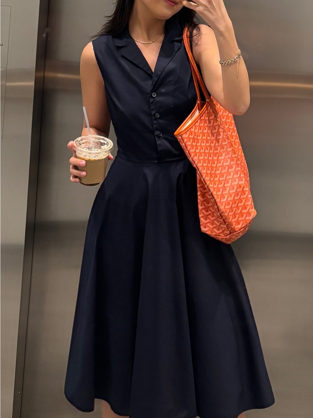 Prada Navy Sleeveless Collared Button Front Midi Dress
